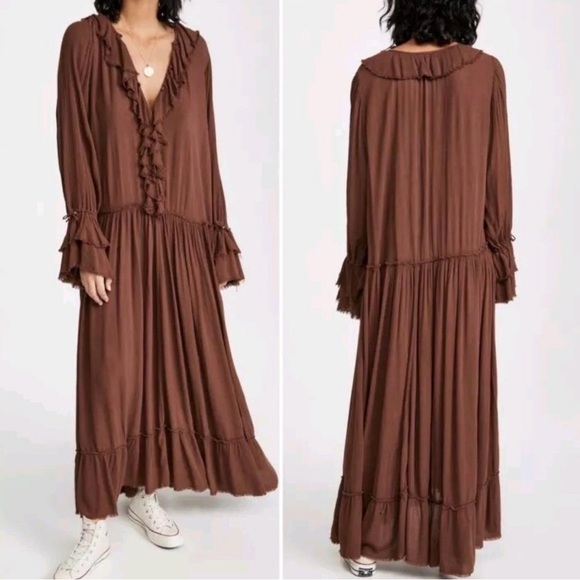 Free People Dresses & Skirts - Free People Sweet Darlin Elegant Brown Ruffle Maxi Dress